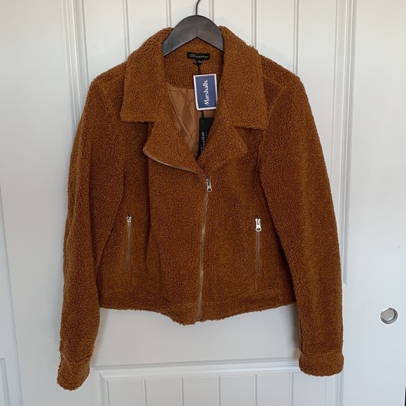 NWT Faux Shearling Moto Teddy Jacket Large Cognac Cropped Sherpa Lined Cozy - Picture 2 of 13